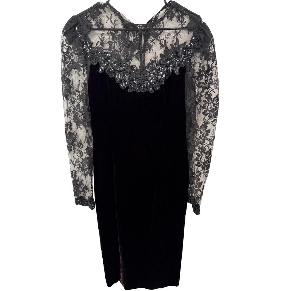Gothic Dark Romance Witchy Velvet Midi Dress Black Burgundy Sequin Lace Size 12